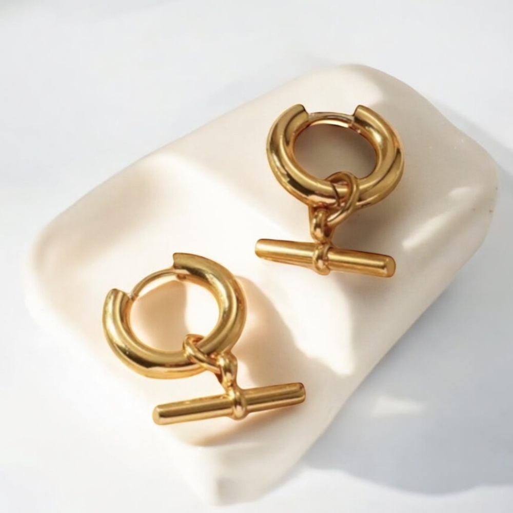 18k Gold Drop Hoops